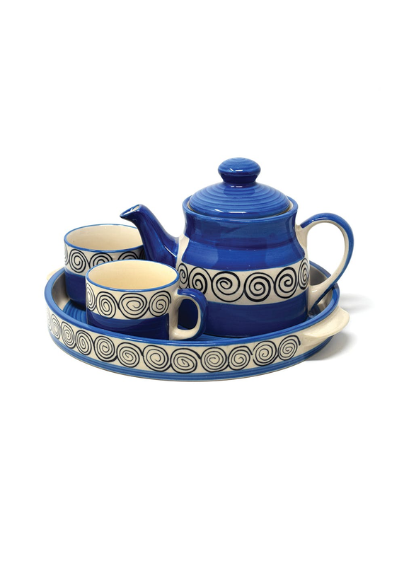 Blue Swirl Hand painted Morning Tea Set 2 Cups | 2 Cups | 1 Kettle | 1 Tray